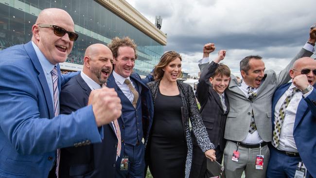 Connections of Thought of That celebrate with trainer Ciaron Maher (third from left). Picture Jay Town