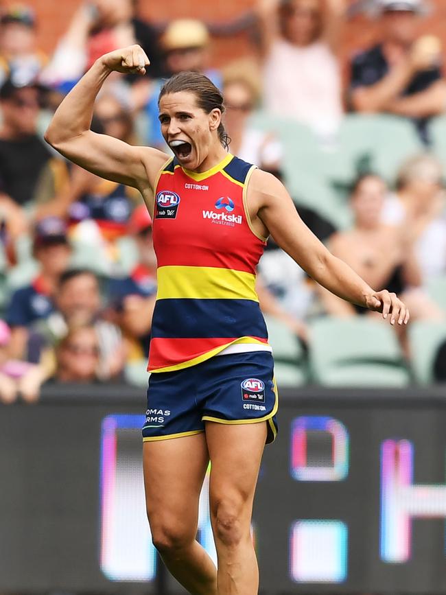 Chelsea Randall celebrates a goal during the AFLW Preliminary Final match between the Adelaide Crows and thew Geelong Cats in 2019. Picture: Mark Brake/Getty Images