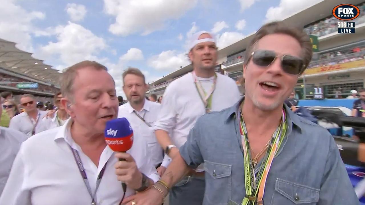 Martin Brundle tries to speak to Brad Pitt. Photo: Sky Sports.