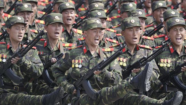 Soldiers take part in a military parade in Pyongyang, North Korea. Picture: Wong Maye-E/AP