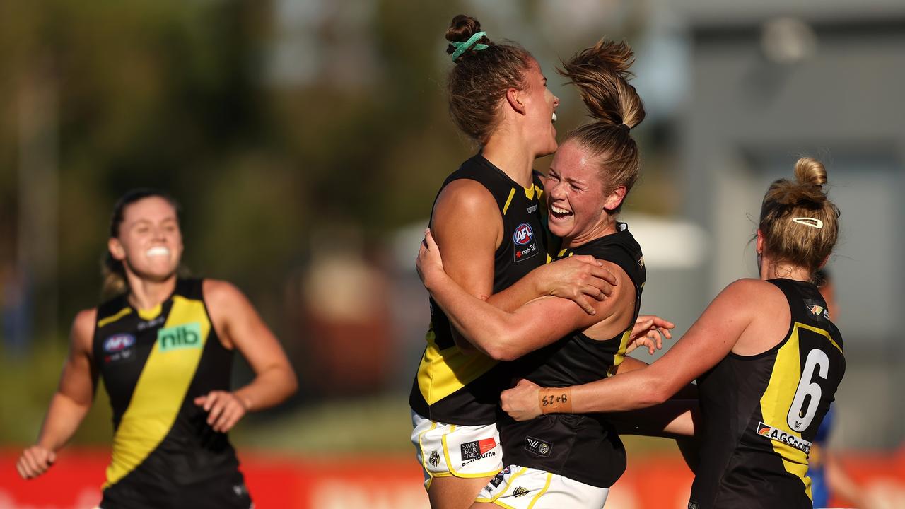 Richmond’s Meg Macdonald celebrates a goal during the win over the Eagles. Picture: Paul Kane/Getty Images