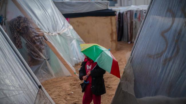 Displaced young Palestinians are seen in their tented camp. Picture: Getty Images