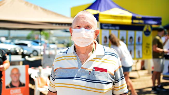 Pre poll voting in Townsville for the Council election. Glynn Hagstrom 80, wears a face mask while waiting for COVID-19 test results. Picture: Alix Sweeney