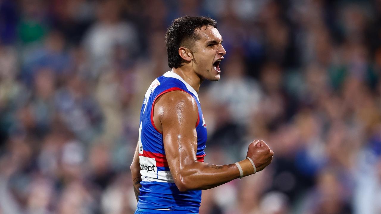 ADELAIDE, AUSTRALIA - APRIL 06: Jamarra Ugle-Hagan of the Bulldogs celebrates a goal during the 2024 AFL Round 04 match between the Western Bulldogs and the Geelong Cats at Adelaide Oval on April 06, 2024 in Adelaide, Australia. (Photo by Michael Willson/AFL Photos via Getty Images)