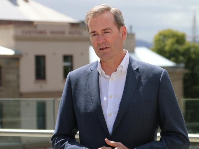 Treasurer Michael Ferguson speaks to the media at parliament Square in Hobart.