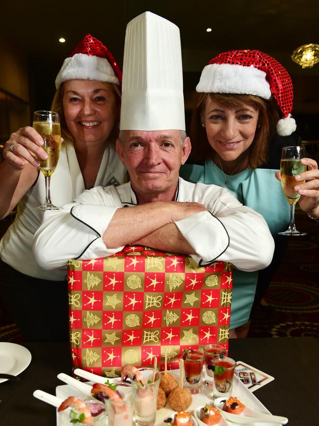 Mayor and staff of the Townsville RSL getting into Xmas Appeal launch mode. Executive Chef Patrick Senent, with Karla Malouf, General Manager and Townsville Mayor Jenny Hill on the right.