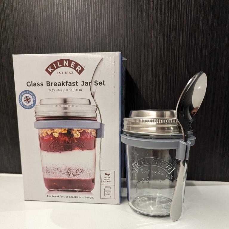 Kilner Rayware Breakfast Mason Jar with Spoon and Silicone Holder. Picture: Lauren Chaplin/Supplied