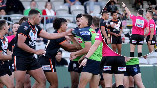 Three Wests Magpies players were sent from the field following the ugly last-minute incident.