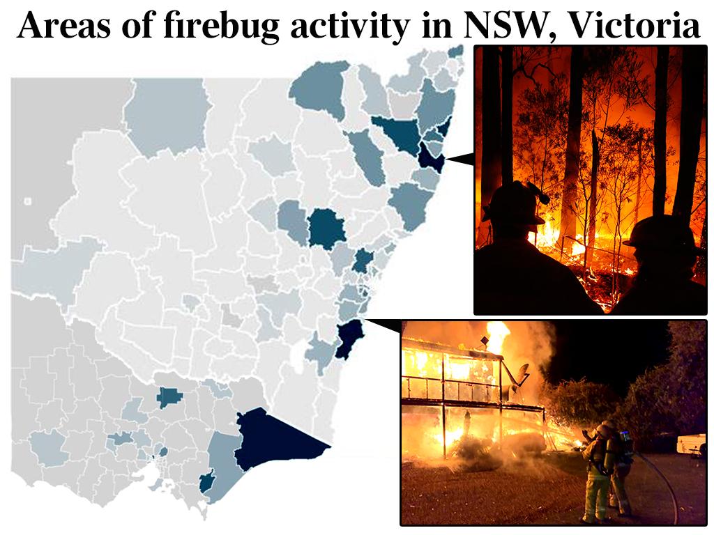 A map showing areas of firebug activity in NSW and Victoria.