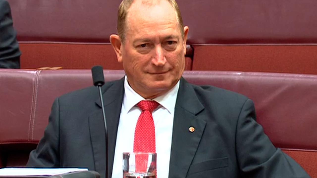 Fraser Anning smirked as he listened to Penny Wong speak. 