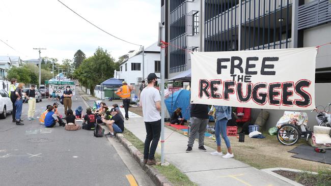 Protesters have been rallying in support of refugees being housed at a Kangaroo Point motel. Picture: AAP Image/Richard Gosling