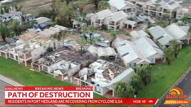 Channel 7’s Sunrise has been slammed for airing two-year-old cyclone footage from over 1300km away from where Ilsa hit. Picture: Sunrise/Channel 7