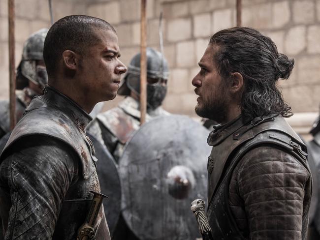 Jacob Anderson as Grey Worm and Kit Harington as Jon Snow in the GoT finale. Picture: HBO