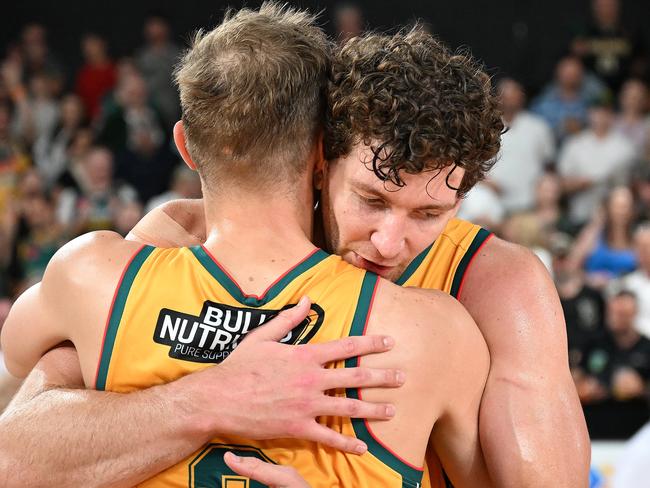 HOBART, AUSTRALIA - DECEMBER 05: Will Magnay and Anthony Drmic  of the Jackjumpers celebrate the win during the round 11 NBL match between Tasmania Jackjumpers and Cairns Taipans at MyState Bank Arena, on December 05, 2024, in Hobart, Australia. (Photo by Steve Bell/Getty Images)