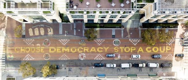 An aerial view of a mural painted on 14th Street in downtown Oakland, California. Picture: Getty Images/AFP