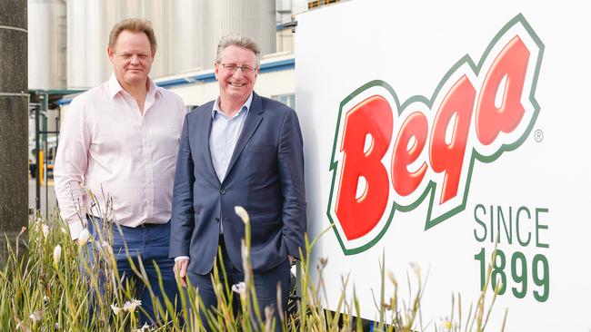 Bega bosses Paul van Heerwaarden and Barry Irvin at Bega’s Koroit site in Victoria. Picture: Chloe Smith