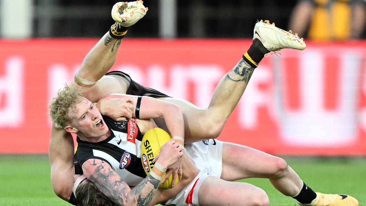 John Noble was back in defence for the Magpies. Picture: Getty Images