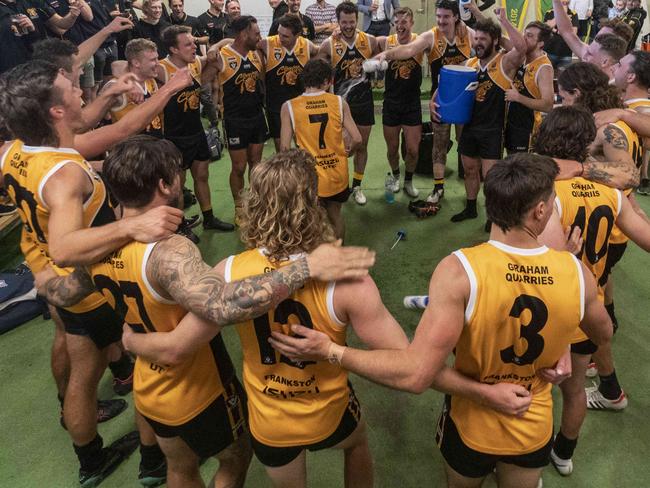 MPNFL Division 1 football: Frankston YCW v Rosebud. Frankston YCW players celebrate their win.  Picture: Valeriu Campan