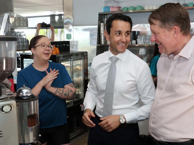 Leader of the Opposition David Crisafulli and David Lee, LNP candidate for Hervey Bay, visit Aqua Vue cafe, Hervey Bay. Picture: Liam Kidston