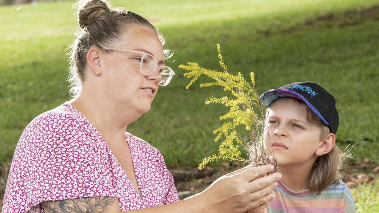 Tiffany Gesler and her son Tanner Morris 9yo. Tiffany is an indigenous woman with a new business educating young children about Aboriginal history and connecting them with nature and the land. Picture: Nev Madsen.