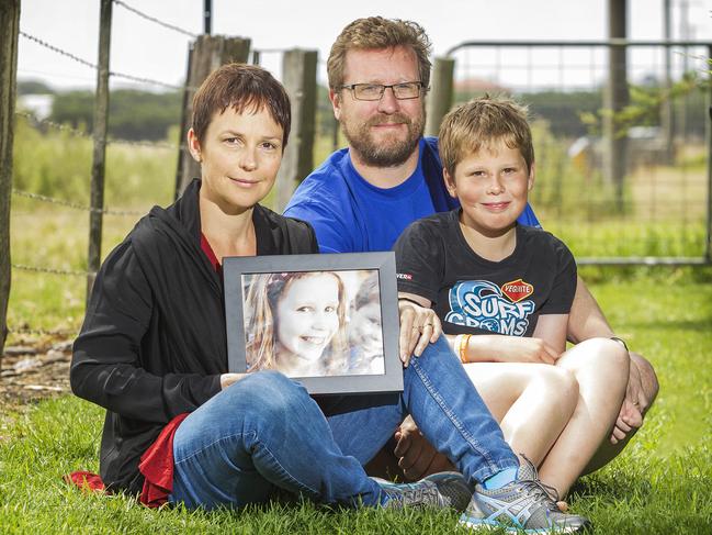 Jaala Pulford, with husband Jeff and son Hamish, lost daughter Sinead to a cancer that was never able to be identified. Picture: Sarah Matray