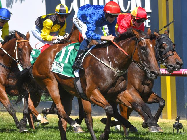 Hugh Bowman and Alizee win the Group 1 Futurity Stakes in February.