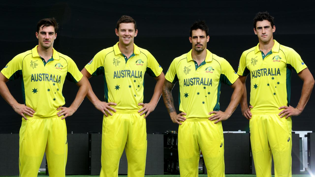 Pat Cummins, Josh Hazlewood, Mitchell Johnson and Mitchell Starc at Australian cricket training at the Gabba. Pic Darren England.