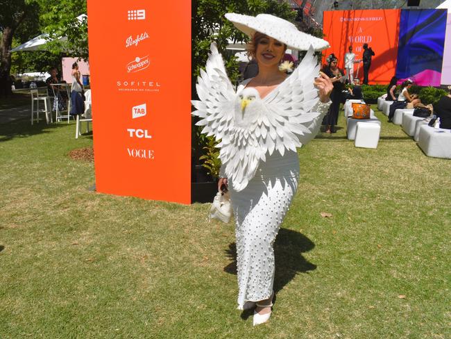 Guests in striking racewear at Penfolds Derby Day at the Flemington Racecourse on Saturday, November 02, 2024: