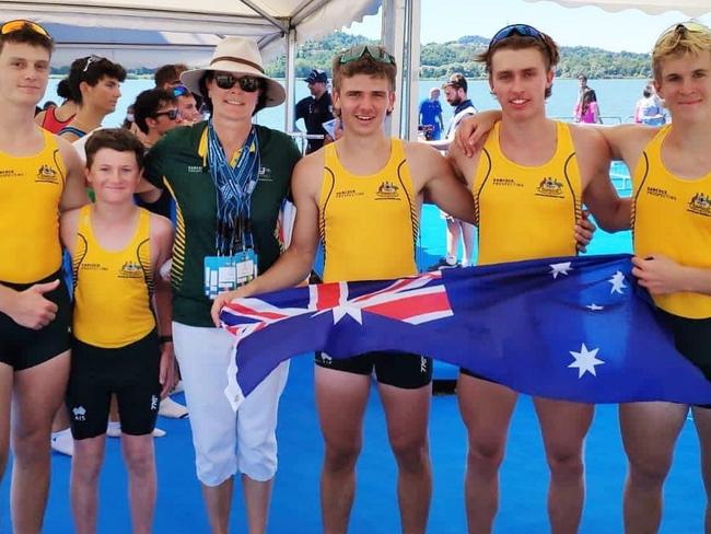 Gold medal winning u19 Men's Coxed Four rowing team, u19-u23 World Rowing Championships, Varese, Italy, 30 July 2022