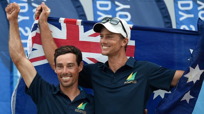 Mat Belcher and Will Ryan after winning their first world championships together since 2017.