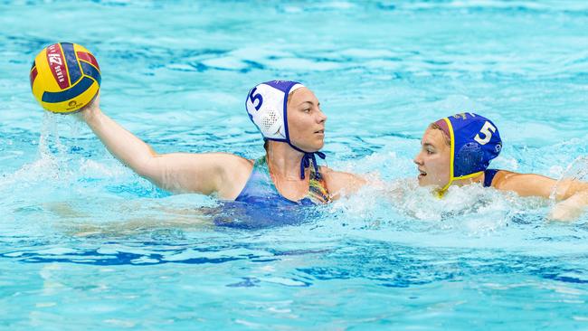 Gemma Harangozo and Matilda Sweeney in the Queensland Premier League Water Polo match between Sunshine Coast and Gold Coast at Fortitude Valley Pool, Sunday, October 25, 2020 - Picture: Richard Walker