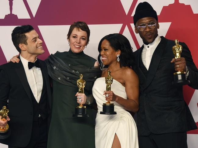 Regina King, second from right, with her Oscar for Best Supporting Actress in <i>If Beale Street Could Talk</i>. Picture: Getty Images