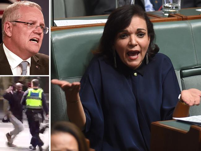 Dr Anne Aly (right) with Prime Minister Scott Morrison and a screen grab of a video from the Bourke Street attack.