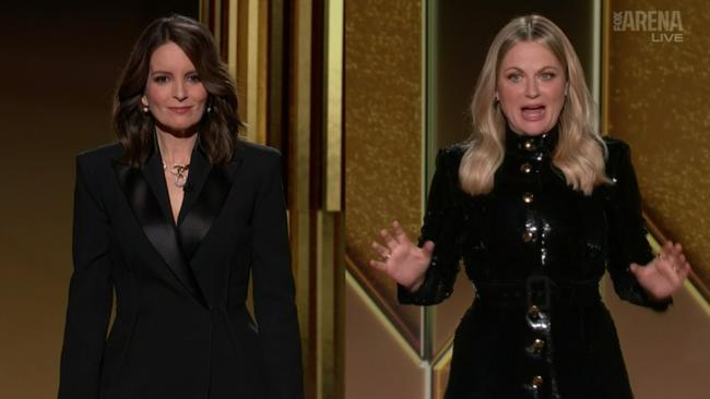 Tina Fey and Amy Poehler hosting the 2021 Golden Globes.