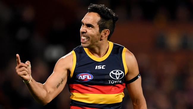 Adelaide’s Eddie Betts celebrates a goal in the win over the Saints at Adelaide Oval. Picture: Getty Images