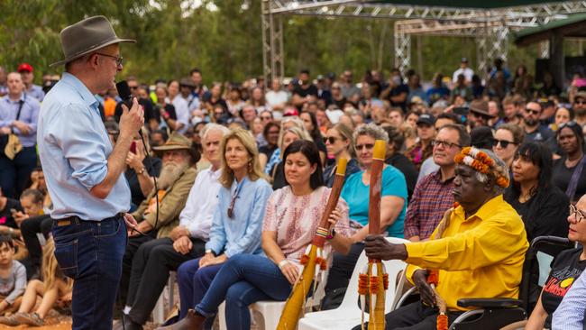 Prime Minister of Australia Anthony Albanese address crowd during the Garma Festival 2022. Picture: Tamati Smith/ Getty Images