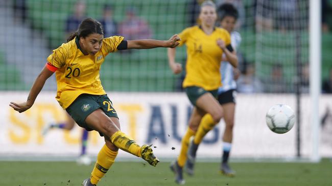 Sam Kerr of Australia during the Cup of Nations football match between Australia and Argentina at AAMI Park in Melbourne on Wednesday. Picture: AAP/Daniel Pockett