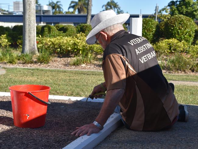 Vietnam War veteran and Mackay Veterans Group president Leslie Palmer weeding the grounds for the Vietnam Veteran's Day ceremony at Jubilee Park. Picture: Heidi Petith