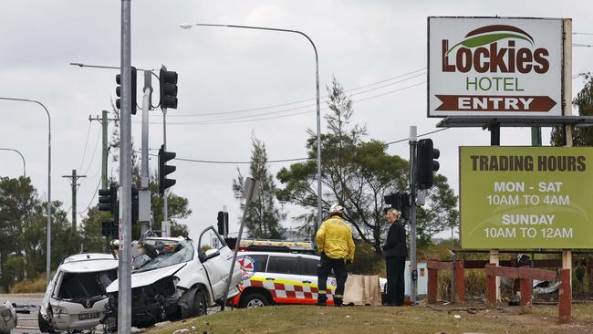 The white car split in two after wrapping around a pole. Picture: Sam Ruttyn