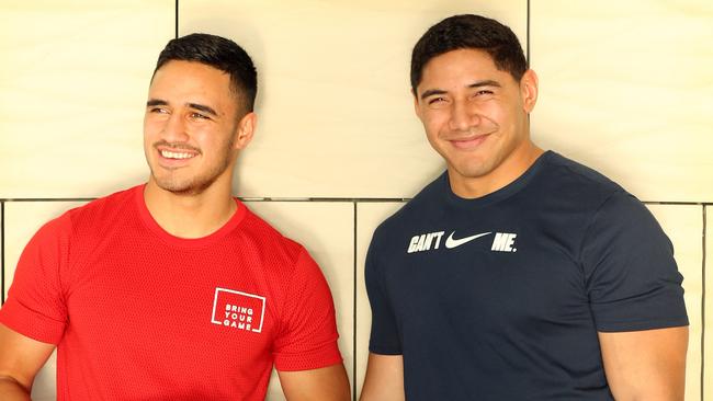 WARNING $$$$$ SUNDAY TELEGRAPH AND SUNDAY MAIL ONLY...... Jason Taumalolo and Valentine Holmes (L) in Santa Monica, California after a press conference held at their hotel ahead of his Los Angeles NFL testing camp. Pic Nathan Edwards