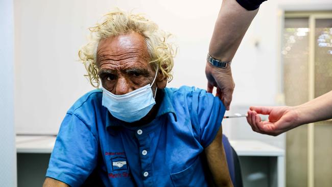 ‘Riverbank’ Frank Doolan gets his vaccine at Manera Heights medical centre in Dubbo, western NSW, on Tuesday. Picture: Ryan Osland