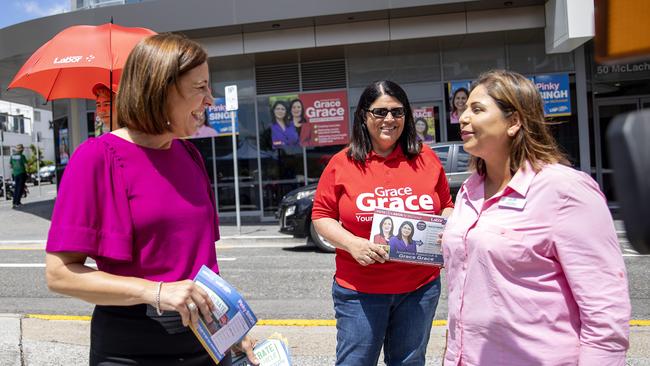 Queensland LNP opposition leader Deb Frecklington visits LNP candidate Pinky Singh at a pre poll booth in Fortitude Valley in the seat of McConnell. Picture: NCA NewsWire / Sarah Marshall