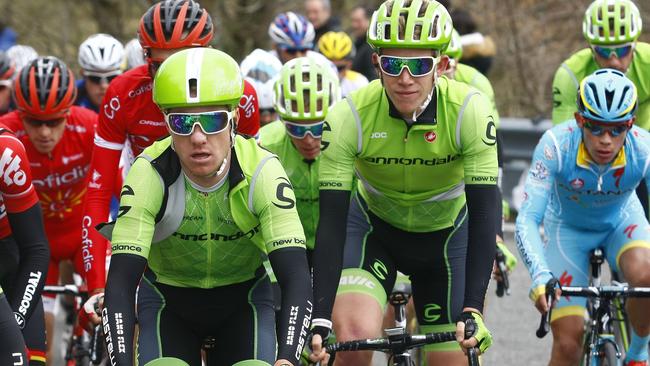 Australian cyclist Simon Clarke, front left, riding for Cannondale Pro Cycling Team during the Pais Vasco this season. Picture: Supplied.