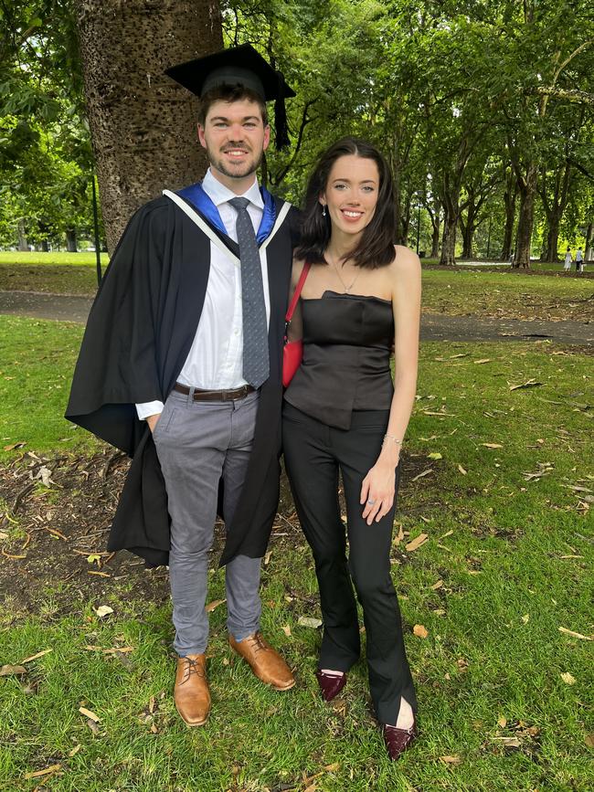 Richard Wylie (Bachelor of Arts (Honours)) and Paige Carr at the University of Melbourne graduations held at the Royal Exhibition Building on Monday, December 16, 2024. Picture: Jack Colantuono