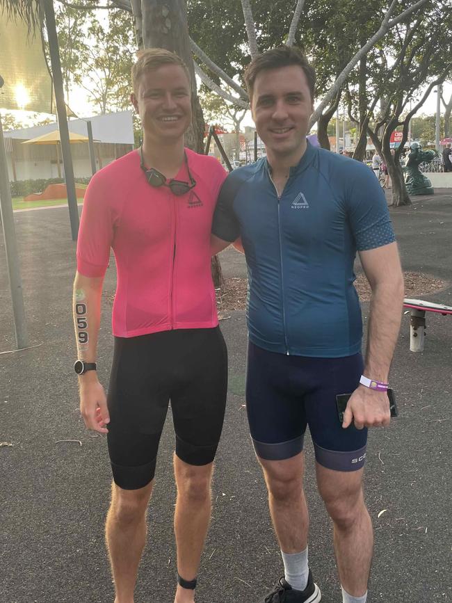 Jake Bradford and Matthew Simpson at the Hervey Bay 100 Triathlon on Sunday, November 26, 2023.