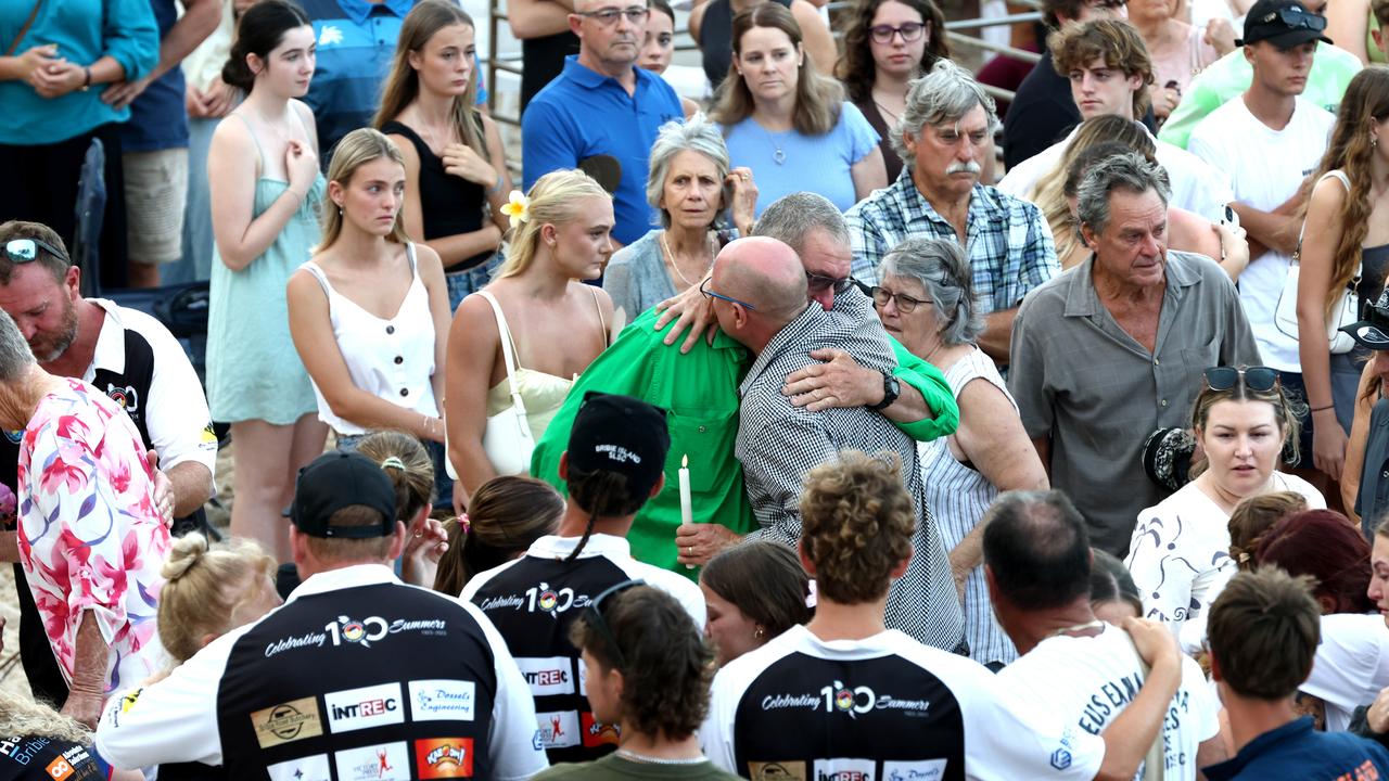 Hundreds of people have gathered at Bribie Island for a vigil to honour 17-year-old shark attack victim Charlize Zmuda. Picture: David Clark