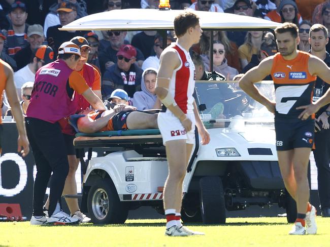 Taylor had to be taken to hospital following the clash with Jack Steele. Picture: Phil Hillyard