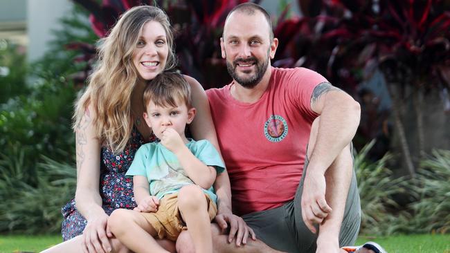 Brittany Cervantes with Giles Campbell and their son Eli, who was bitten three times on the leg by a coastal taipan at their Agnes Waters home. Picture: Tara Croser. 