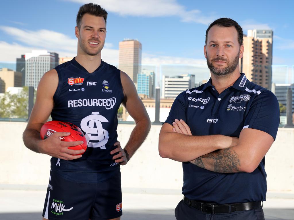 SANFL season launch at Adelaide Oval. South bAdelaide Coach Jarrad Wright and player Keegan Brooksby. 27 March 2018. (AAP Image/Dean Martin)