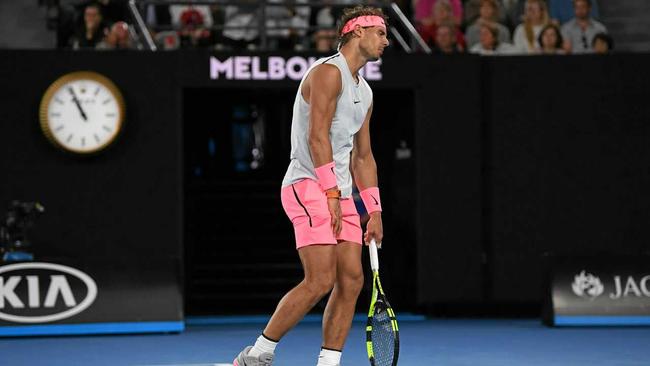 Rafael Nadal before injury forced him out of his quarter-final clash against Marin Cilic. Picture: LUKAS COCH